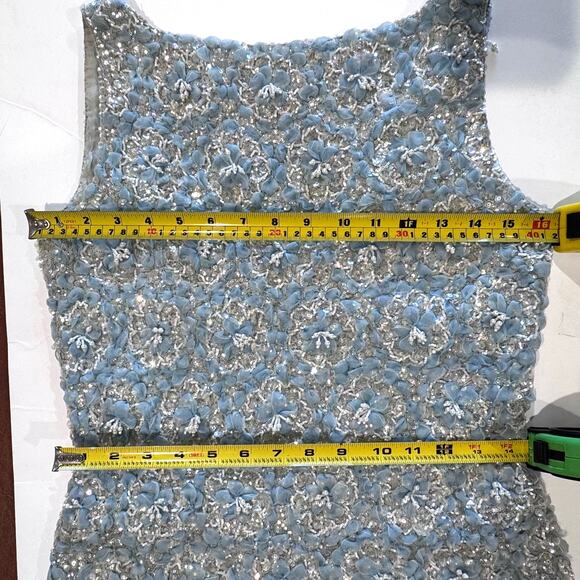Royal Cathay Vintage Powder Blue Knit Floral Sequin Beaded Dress Size Small - Picture 4 of 9